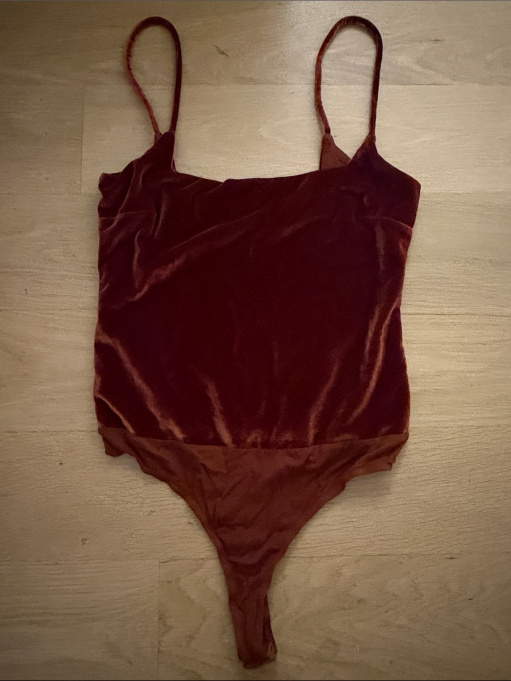 Lulu's Velvet Spaghetti Strap Bodysuit in Rust